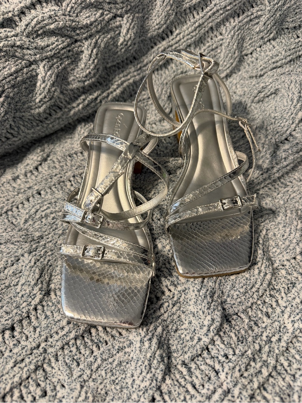 Shimmering Silver Strappy Square-Toe Heels with Ankle Strap